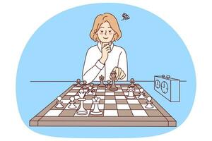smart flicka spelar schack. duktig ung kvinna sitta på skrivbord njut av logisk styrelse spel. kunskap och hobby. vektor illustration.
