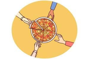 närbild av människor äter pizza tillsammans. vänner eller kollegor dela med sig italiensk snabb mat på arbete ha sönder i kontor. vektor illustration.