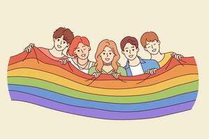 människor med HBTQ flagga fira stolthet månad eller deltar i Gay och lesbisk festival vektor
