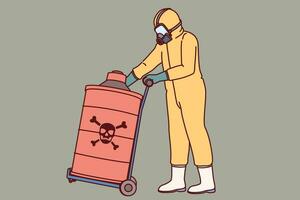 farlig toxisk ämnen i tunna nära specialist i kemisk skydd kostym och respirator. skadlig toxisk avfall i röd fat på vagn för transport, för begrepp av miljö- förorening vektor