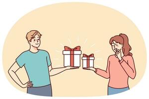 Lycklig par utbyta presenterar för valentine dag. leende man och kvinna göra överraskning ge gåvor på särskild tillfälle. vektor illustration.