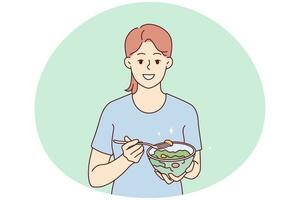 lächelnd jung Frau Essen gesund Salat Folgen Diät. glücklich Mädchen genießen Gemüse Mahlzeit Pflege Über gut Gewohnheiten. Ernährung und Vegetarier Lebensstil. Vektor Illustration.