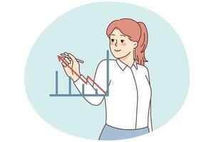 affärskvinna teckning Graf med pil gående upp. leende kvinna anställd med Diagram som visar stiga i handel och finansiera. företag Framgång. vektor illustration.