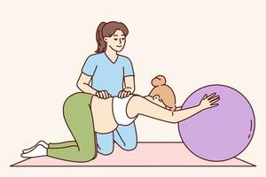 gymnastik för gravid kvinnor och fysisk övning under övervakning av fysioterapeut till hjälp förbereda för förlossning. gravid flicka håller på med pilates med stor sudd boll till ha kvar hälsa i Bra form vektor