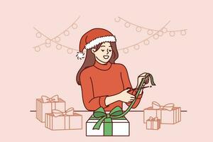 jul kvinna gör gåvor med egen händer, fröjd på närma sig av ny år högtider vektor