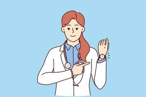 kvinna läkare poäng till armbandsur påminnelse av medicin schema eller tid till besök klinik vektor