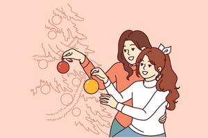 Mama und Tochter schmücken Weihnachten Baum, dekorieren Geäst mit Geschenk Bälle und Girlanden. glücklich Familie vorbereiten zum Weihnachten Ferien zusammen mit hell Neu Jahr Attribute. vektor