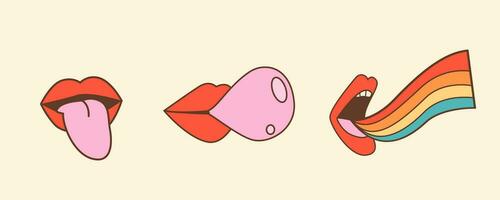 Mund mit Zunge kleben aus, Lippen weht Rosa Blase Gummi und öffnen Mund mit Regenbogen. verschiedene nachahmen Emotionen und Gesichts- Ausdrücke. Vektor Illustration im Jahrgang retro Stil.