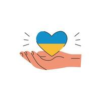ein öffnen Karikatur Stil Palme mit ukrainisch Flagge im Herz Form. Konzept von Hilfe zum Flüchtlinge, Spende und Nächstenliebe Stiftung. Freiwillige zum Einwanderer von Ukraine. Vektor Illustration im eben Stil.
