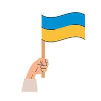 platt illustration av hand innehav ukrainska nationell blå och gul flagga. Nej krig i ukraina. demonstrant deltar i anti krig demonstration. vektor. vektor