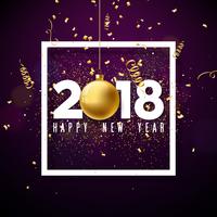Vektor Gott nytt år 2018 Illustration med vit nummer och prydnadsboll på glänsande konfetti bakgrund. Holiday Design för Premiumhälsningskort, Party Invitation eller Promo Banner.