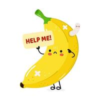 süß traurig krank Banane fragt zum Hilfe Charakter. Vektor Hand gezeichnet Karikatur kawaii Charakter Illustration Symbol. isoliert auf Weiß Hintergrund. Leiden ungesund Banane Charakter Konzept