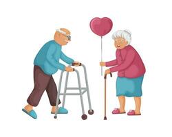 Großvater und Oma im Karikatur Stil. süß Oma gibt Opa ein Ballon im das gestalten von ein Herz. Alten Menschen im Liebe im Karikatur Stil. Illustration zum Valentinstag s Tag. Vektor