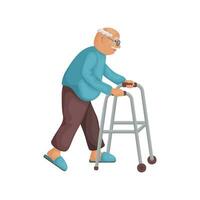 morfar med en rollator. söt glad morfar är gående med en rollator i hans händer. ett äldre man. vektor illustration isolerat på en vit bakgrund