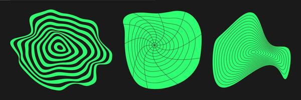 einstellen von verzerrt Cyber Gitter. Cyberpunk Geometrie Element y2k Stil. isoliert Grün Gittergewebe auf schwarz Hintergrund. Vektor Mode Illustration.