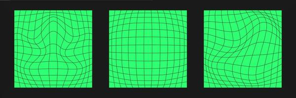einstellen von verzerrt Cyber Gitter. Cyberpunk Geometrie Element y2k Stil. isoliert Grün Gittergewebe auf schwarz Hintergrund. Vektor Mode Illustration.