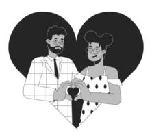 afrikanisch amerikanisch Seelenverwandte 14 Februar schwarz und Weiß 2d Illustration Konzept. Valentinsgrüße verliebt Paar Karikatur Gliederung Zeichen isoliert auf Weiß. romantisch Gefühle Metapher einfarbig Vektor Kunst