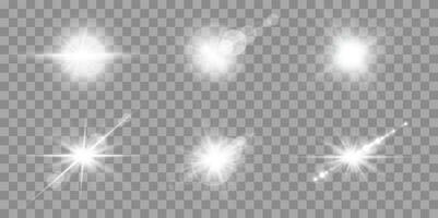Silber Linse Fackeln Satz. Sonne Blitz mit Strahlen Scheinwerfer und Bokeh. grau glühen Fackel Licht Wirkung. Vektor Illustration.