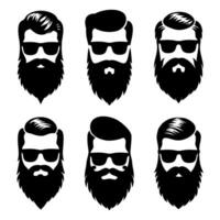 einstellen bärtig Hipster Männer Gesichter mit Gläser, anders Haarschnitte, Schnurrbärte, Bärte. modisch Mann Benutzerbild, Silhouetten, Köpfe, Embleme, Symbole, Etiketten. Barbier Geschäft Vektor Illustration