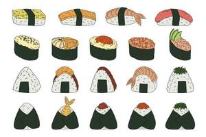 hand dragen sushi och onigiri. japansk traditionell kök maträtter. asiatisk mat ClipArt uppsättning vektor