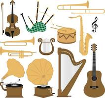 klassisch Musical Instrumente Vektor Clip Kunst. Jahrgang Geige, Gitarre, Saxophon, Dudelsack, Grammophon, Leier