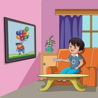 wenig Junge Sitzung auf das Sofa mit Fernbedienung im seine Hände und Aufpassen Fernsehen Vektor Illustration