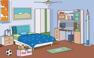 Vektor Illustration zeigen Bett, Almirah, Spielzeuge, Landschaft, Fan, usw