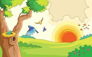 Vektor Illustration zeigen fliegend Vögel, Sonnenaufgang, Bäume