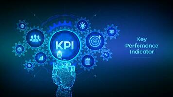 kpi. Schlüssel Performance Indikator Geschäft und industriell Analyse Technologie Konzept auf virtuell Bildschirm. Drahtmodell Hand berühren Digital Schnittstelle mit in Verbindung gebracht Getriebe Zahnräder und Symbole. Vektor Illustration