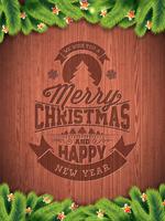 Vector frohe Weihnacht-Feiertags- und guten Rutsch ins Neue Jahr-Illustration mit typografischem Design und Schneeflocken auf Holzhintergrund der Weinlese.
