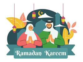 platt design illustration ramadan kareem. muslim människor fira ramadan vektor