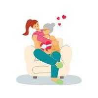 jung Frau umarmen ihr alt Mutter mit Liebe auf das Couch von hinter Mütter Tag Konzept Vektor