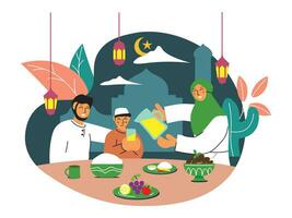 iftar platt illustration med mat på de tabell. människor be för iftar vektor