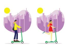 Menschen Reiten elektrisch Roller im Stadt. glücklich Frau Verwendet Öko Transport. Menschen Sicherheit Reiten Roller vektor
