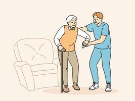 medizinisch Arbeiter hilft krank Rentner erhalten aus von Stuhl und gehen um Zimmer oder gehen außen. Bereitstellung Hilfe oder Unterstützung zu Rentner nach Pensionierung und Freiwillige Arbeit im Pflege- Zuhause vektor