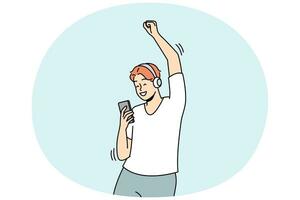 Lycklig man i trådlös hörlurar dansa lyssna till musik på mobiltelefon. leende kille i hörlurar njut av Bra kvalitet audio på smartphone. vektor illustration.