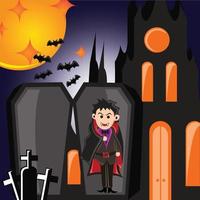 halloween -vampyr med kristen kistkors på kyrkogårdsplatsen vektor