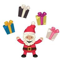 Weihnachtsmann, der ein Geschenk hält. Sammlung von verschiedenen Geschenkboxen herum. Grußkarte für Neujahr und Weihnachten, Feier, Event. süßes Charakterdesign. Vektor-Illustration. vektor