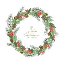 julkrans med vinterblommiga element. dekorerad krans av tallgrenar realistiskt utseende, med bär, stjärna och pärldekorationer vektor