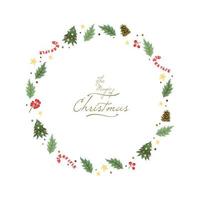 Weihnachtskranz mit winterlichen floralen Elementen. verzierter Kranz aus Tannenzweigen realistische Optik, mit Beeren-, Stern- und Perlenverzierungen vektor