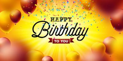 Grattis på födelsedagen Vector Design med ballong, typografi och fallande konfetti på gul bakgrund. Illustration för födelsedagsfest. hälsningskort eller partyaffisch.
