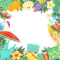 dekorativ ram med sommar strand Tillbehör och tropisk löv i ljus färger. vektor illustration