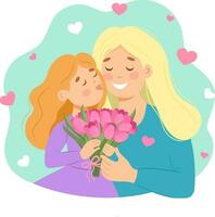 Illustration mit Mutter und Tochter mit Blumen zum Mutter Tag im Karikatur Stil. Vektor Illustration