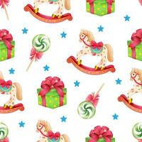 sömlös mönster av söt jul vektor illustrationer av en gungande häst, en gåva och en klubba. rolig festlig Semester mönster