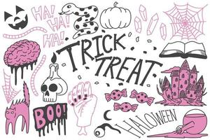 uppsättning halloween doodles, trick or treat ritningar vektor