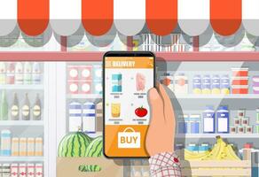 Hand halten Smartphone mit Einkaufen App. Lebensmittelgeschäft Geschäft Lieferung. Internet Befehl. online Supermarkt. Geschäft Innere mit Essen und Getränke. Milch, Gemüse, Fleisch, Käse. eben Vektor Illustration