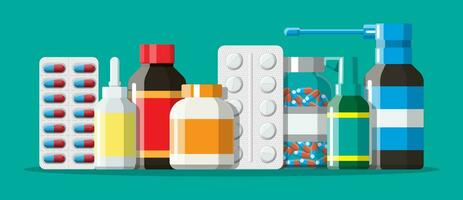 medicin samling. uppsättning av flaskor, tabletter, biljard, kapslar och sprayer för sjukdom och smärta behandling. medicinsk läkemedel, vitamin, antibiotikum. sjukvård och apotek. vektor illustration i platt stil