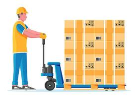 Hand Palette LKW mit Karton Box und Mover isoliert auf Weiß. Palette Jack voll von Karton Boxen. Lieferung Verpackung geschlossen Container mit fragil Zeichen. Vektor Illustration im eben Stil