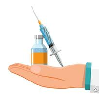 ampull och spruta med läkemedel i hand av läkare. vaccination begrepp. injektion spruta nålar. medicinsk Utrustning. sjukvård, sjukhus och medicinsk diagnostik. platt vektor illustration
