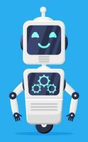 glücklich lächelnd Roboter mit isoliert. Plaudern bot mit Getriebe. Chatbot Roboter grüßt. künstlich Intelligenz, ai Helfer. Bedienung und Unterstützung Assistent. Karikatur eben Vektor Illustration
